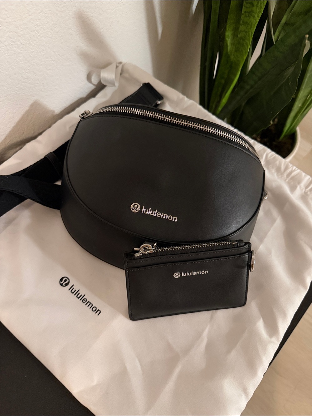 lululemon athletica black cactus leather saddle bag AND matching wallet